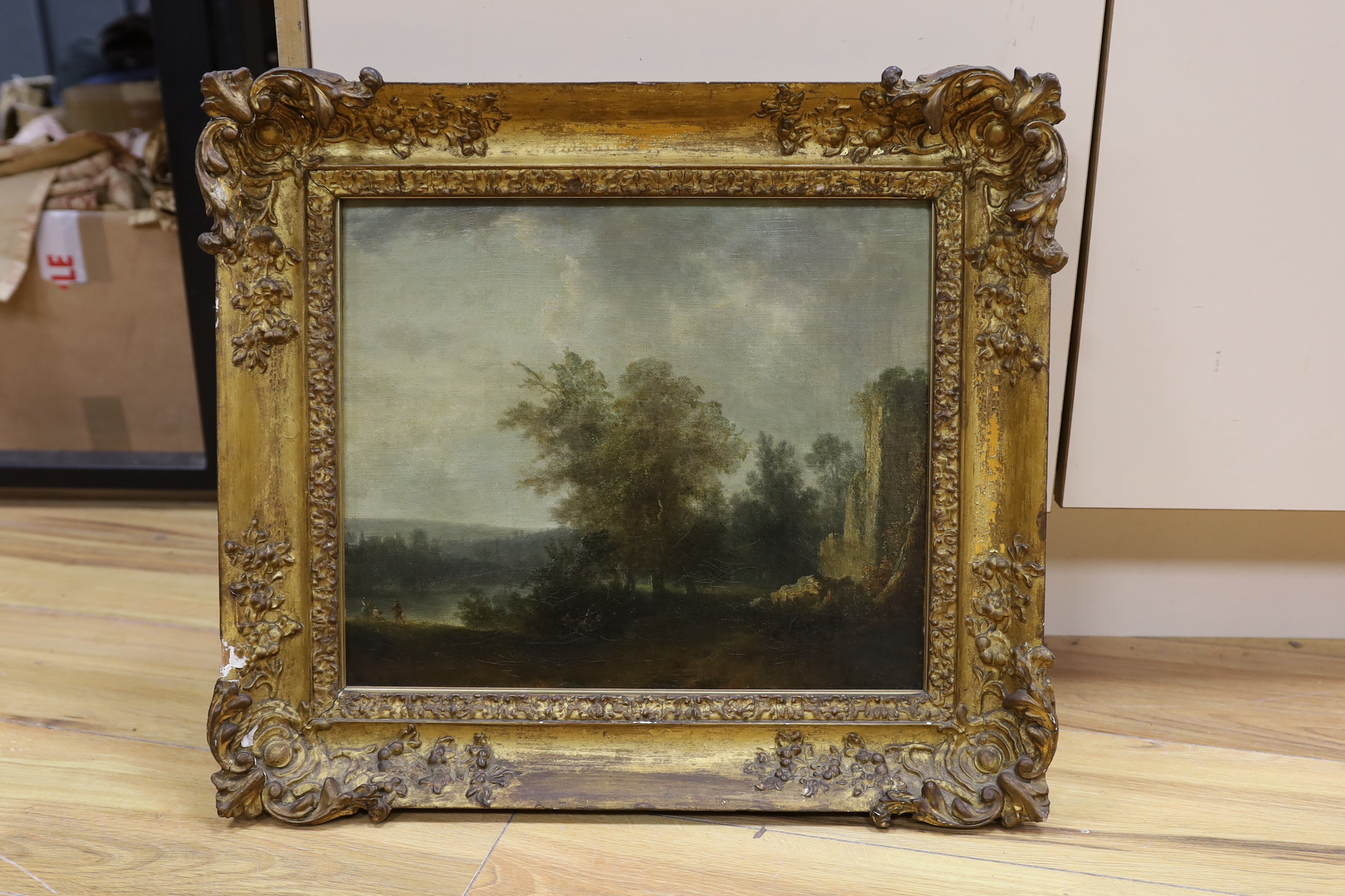 English School c.1800, oil on canvas, Travellers and ruins in a landscape, 31 x 37cm
